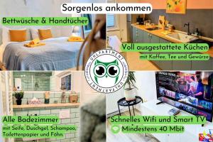 a collage of pictures of a room with a bed and a television at Uhlpartment - im Herzen von Uelzen in Uelzen