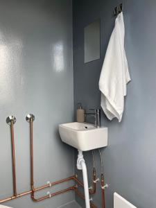 La salle de bains est pourvue d'un lavabo blanc et de murs bleus. dans l'établissement Kroghs Tiny Houses - Hyttebyen, à Grindsted