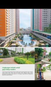 un collage di fotografie di una città con edifici di by BELLA PROPERTY Type 2BR Green Pramuka City a Giacarta