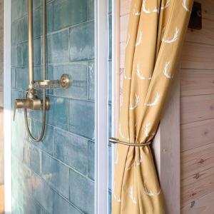 uma cortina de chuveiro numa porta na casa de banho em Troney Valley Escapes - Deer's Rest em Crediton