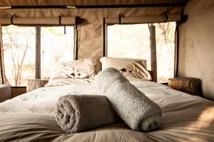 un animal de peluche sobre una cama en Nhoma Safari Camp, en Tsumkwe