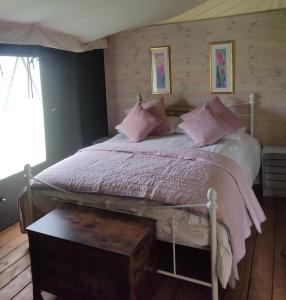 1 dormitorio con 1 cama grande con almohadas rosas en Troney Valley Escapes - Owl's Den en Crediton