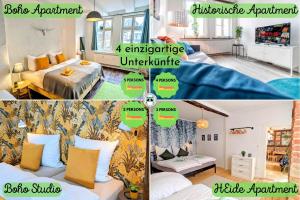 een collage van vier foto's van een kamer met een slaapkamer bij Uhlpartment - im Herzen von Uelzen in Uelzen