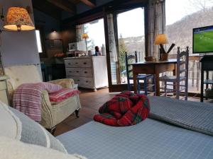 1 dormitorio con cama, mesa y TV en Els Pins d'Abella, en Camprodon