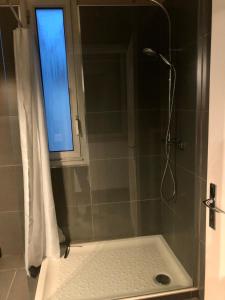 a bathroom with a shower with a shower curtain at Appartement de 110m2 au centre de Cusset in Cusset