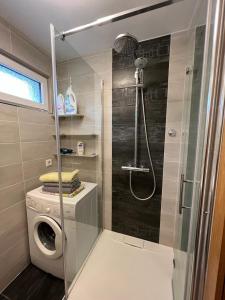 a bathroom with a shower and a washing machine at Very nice cosy new appart in Ostwald