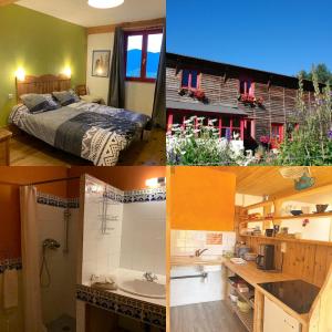 a collage of four pictures of a bedroom and a bathroom at Gîte Ranch Le Serpolet in Les Angles