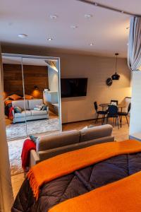 Levi Platinum Superior Studio في ليفي: غرفة معيشة مع أريكة ومرآة