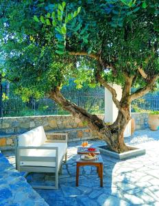 a white couch and a coffee table in front of a tree at Mochlos Essence Apartments in Mochlos