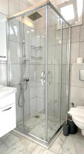 a shower with a glass door in a bathroom at Ozy Apart Bayındır in Kas