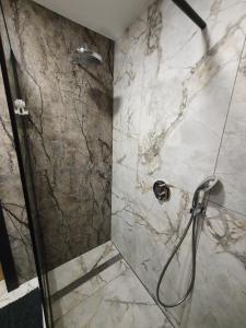 bagno con doccia e porta in vetro di City apartment 2 bedrooms a Šiauliai