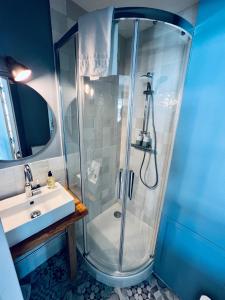 a bathroom with a shower and a sink at Studio Remigny, hyper centre ville de Nevers, style "Appart-hôtel" by PRIMO C0NCIERGERIE in Nevers