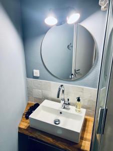 a bathroom with a white sink and a mirror at Studio Remigny, hyper centre ville de Nevers, style "Appart-hôtel" by PRIMO C0NCIERGERIE in Nevers