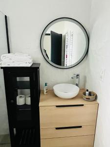 łazienka z umywalką i lustrem na ścianie w obiekcie Appartement centre de Roanne 38m2 w mieście Roanne