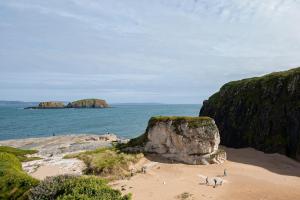 eine Gruppe von Menschen an einem Strand neben dem Meer in der Unterkunft Causeway Coast Sea Shore Apartment - Ballycastle in Ballycastle