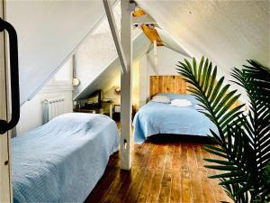 ル・クロトワにあるgite le petit marinのベッドルーム1室(ベッド1台、植物付)