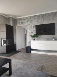 a living room with a television on a wall at Ferienhaus Luna am schönen Harkebrügger See mit Kamin und Sauna in Barßel
