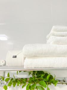 uma pilha de toalhas numa prateleira com uma planta em Tuna Hotel Phú Yên em Liên Trì (3)