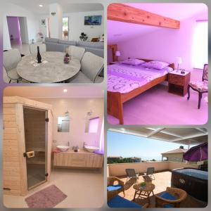 a collage of four pictures of a room at Relax apartment near Opatija, Sauna, jacuzzi in Marinići