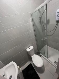 y baño con ducha, aseo y lavamanos. en Private Self Contained Studio In The Heart Of Golders Green en Londres