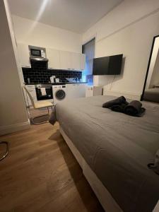 um quarto com uma cama grande e uma cozinha em Private Self Contained Studio In The Heart Of Golders Green em Londres