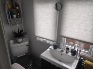 a bathroom with a sink and a toilet and windows at "Dew Drop Inn" in Port Seton
