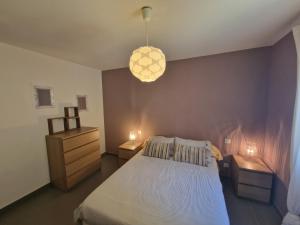 una camera con letto e luce a ciondolo di Appartement vue mer Fromontica a Saint-Florent