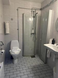 uma casa de banho com um chuveiro, um WC e um lavatório. em Käringöns Vandrarhem em Käringön