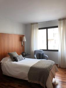 una camera con un letto e una sedia e una finestra di Micampus Pamplona a Pamplona