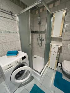 ein Badezimmer mit einer Waschmaschine und einem WC in der Unterkunft Ubytovanie pod štítmi Vysokých Tatier in Tatranska Strba
