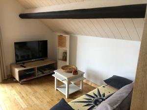 ein Wohnzimmer mit Flachbildfernseher und Couch in der Unterkunft Studio cosy perché dans les arbres au coeur du Périgord proche Sarlat in Castels