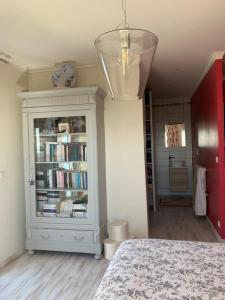 ein Schlafzimmer mit einem Bett und einem Bücherregal mit Büchern in der Unterkunft Villa piscine avec vue exceptionnelle in Puéchoursi