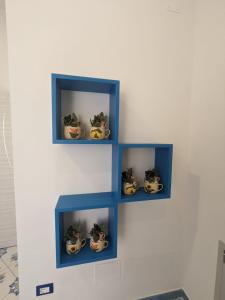 una pared con tres estanterías azules con macetas en Mamma Giovanna, en Maiori