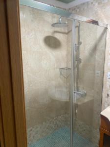 a shower with a glass door in a bathroom at Apartamento Carmona in Carmona