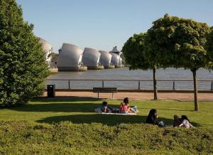 a group of people sitting on the grass near the water at Luxe Apartment by Excel in London