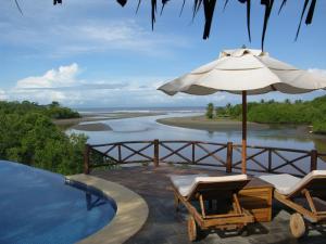 a pool with two chairs and an umbrella next to a river at Casa Caletas Boutique Hotel in Puerto Coyote