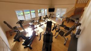 einen Blick über einen Fitnessraum mit Laufbändern und Heimtrainern in der Unterkunft BayVista, die Bayerwald Lodge in Lam