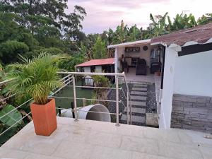 a balcony of a house with a plant at Casa de Campo Las Partidas in Quimbaya