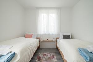 two beds in a room with a window at ROZÉ BLUE DESIGN APARTMENTS in Csopak