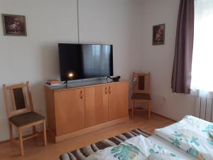 a bedroom with a tv on a cabinet with two chairs at Apartman Venus in Hévíz