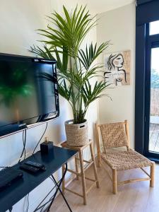 sala de estar con TV, silla y planta en Oranje Nassau aan Zee Appartement, en Zandvoort