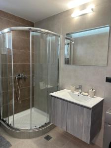 uma casa de banho com uma cabina de duche em vidro e um lavatório. em Little Nest - Luxury Living em Cidade de Kos