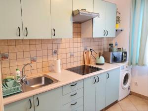 een keuken met een wastafel en een wasmachine bij Mini apartament in Łańcut
