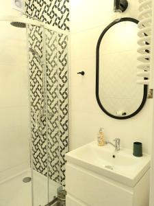 ワンツトにあるMini apartamentのバスルーム(シンク、鏡、シャワー付)
