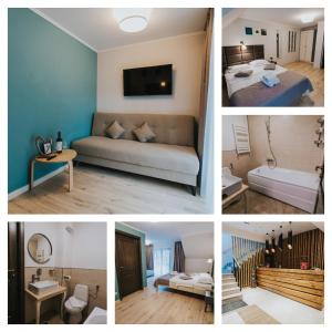 a collage of photos of a bedroom and a living room at Pensiunea Antia in Durău