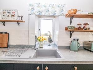 a kitchen with a sink and a window at Pip's Barn in Brynteg