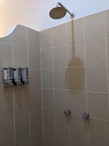 a shower with a shower head in a bathroom at Hacienda De Palmas in La Ribera