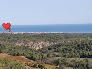 un cerf-volant en forme de cœur volant dans le ciel au-dessus d'une forêt dans l'établissement T2 cosy à la plage, terrasse vue sur mer et parking privatif, à Narbonne