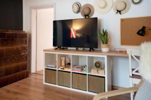 einen Fernseher auf einem Stand in einem Wohnzimmer in der Unterkunft Hygge House Bled in Bled