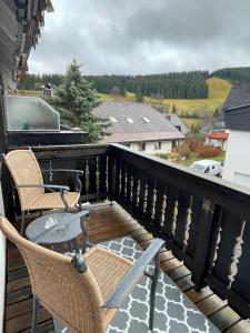 uma varanda com cadeiras e vista para um quintal em Mellex FeWo em Feldberg